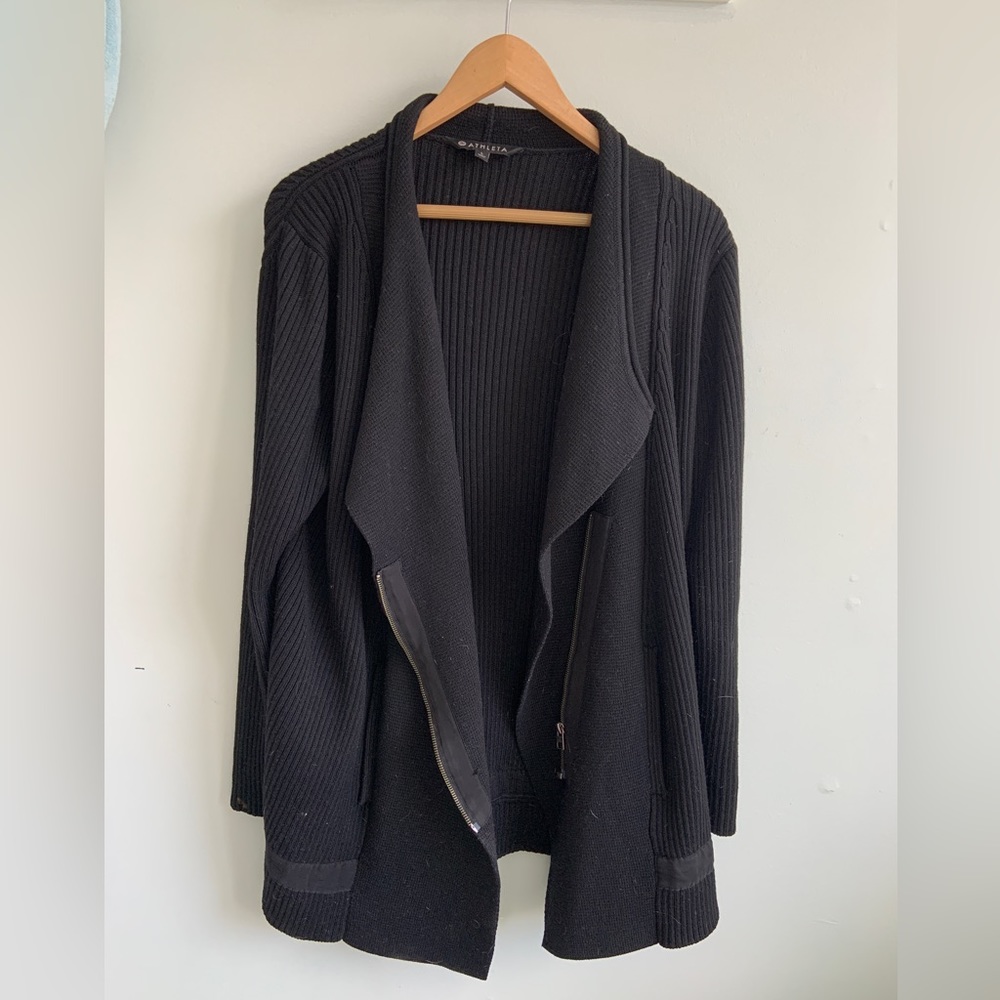 Athleta Thermolite Sentinel black Ribbed Merino Wool Zip-up Cardigan Coat - Picture 3 of 7